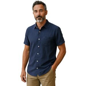 Men's Coofandy Short Sleeve Shirt Button Down Pocket Linen Blend Med Blue Summer